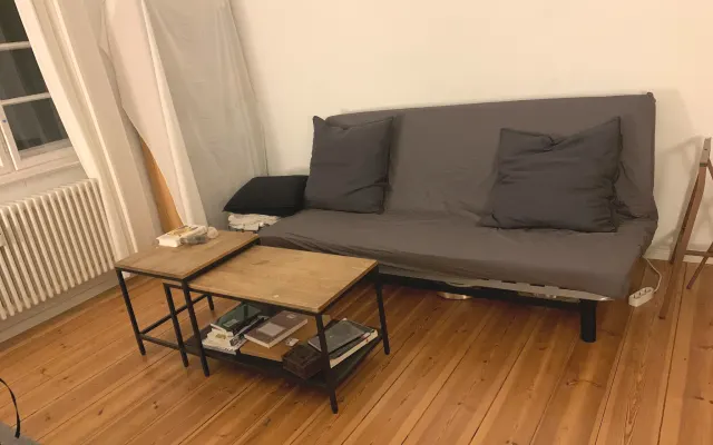 Private living room with futon bed, work desk, and door