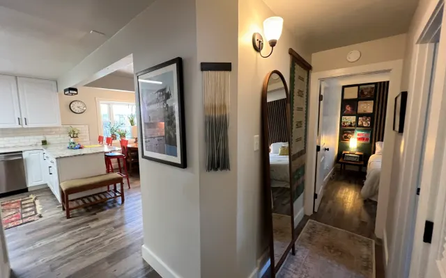 Mid century modern with eclectic art and details.
