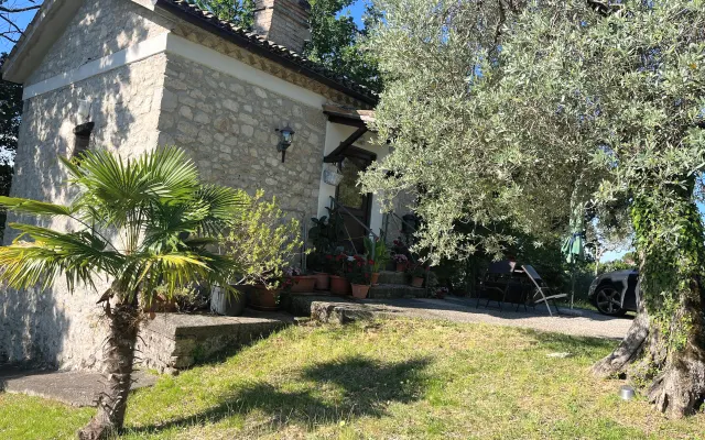 A detached cottage surrounded by greenery and olive trees, offering...