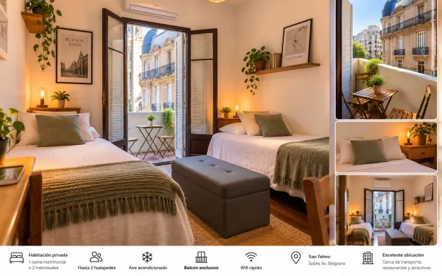 Chambre chaleureuse avec balcon privé en plein cœur de San Telmo
