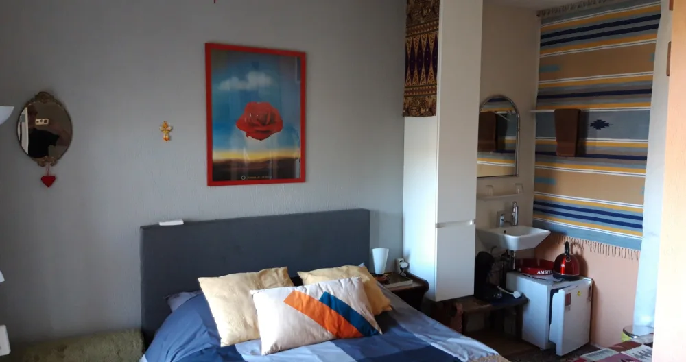 Schlafzimmer mit Wasserbecken und gemeinsamem Balkon und gemeinsamem Bad - Foto 1