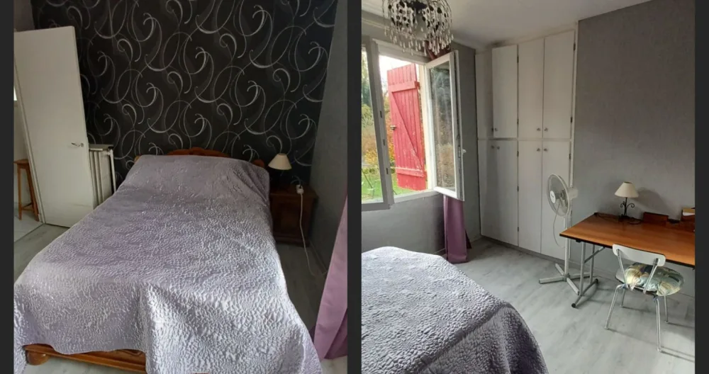 Florence's listing on misterb&b - chambre 1 : lit double, placard de rangement, bureau, fenêtre donnant sur le jardin. 
