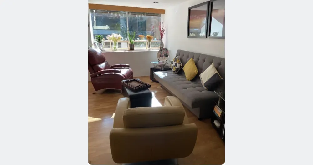 Annonce de Mauricio sur misterb&b - Living Room, featuring the futon bed listed. I should mention I spent a lot of time picking it and paid lots of attention on it being comfy. I have slept comfortably on it before.