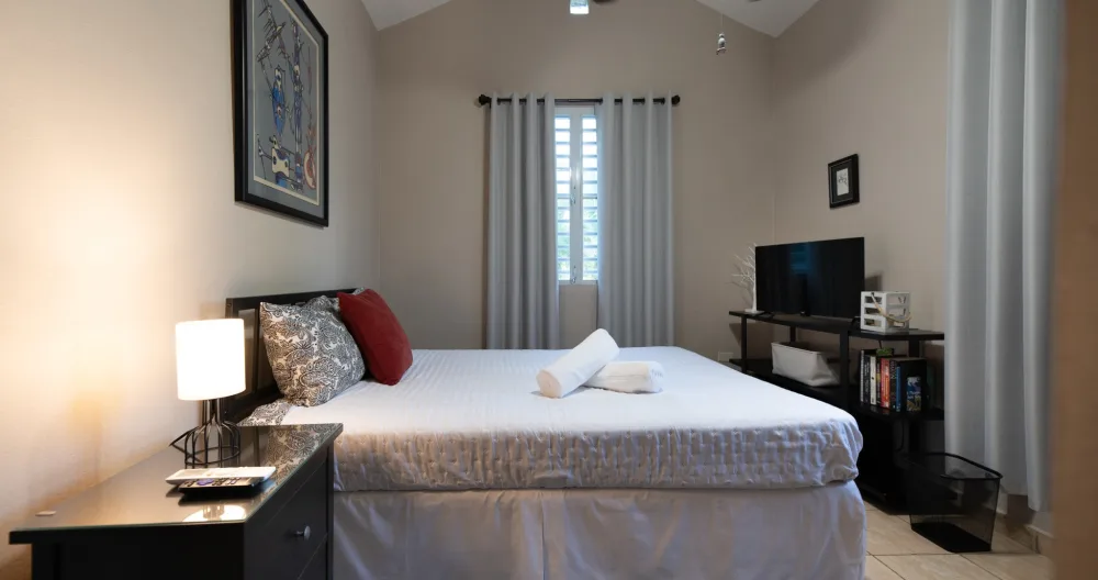 Chris & Wil's listing on misterb&b - Rm 3 Queen bed with ceiling fan, tv, closet, individual ac unit, and shared bath. 