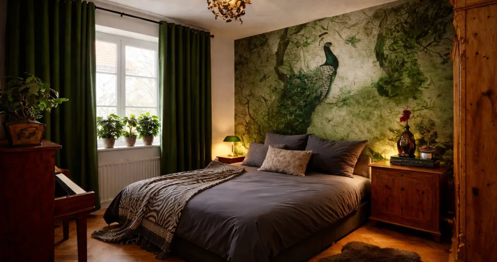 Anuncio de Torsten en misterb&b - Este espacio combina ricos tonos verdes, madera cálida y una iluminación suave en un ambiente tranquilo que invita a bajar el ritmo, respirar y sentirse a ******** dormitorio cuenta con un llamativo mural inspirado en la naturaleza, cortinas de terciopelo y una cómoda cama de matrimonio.