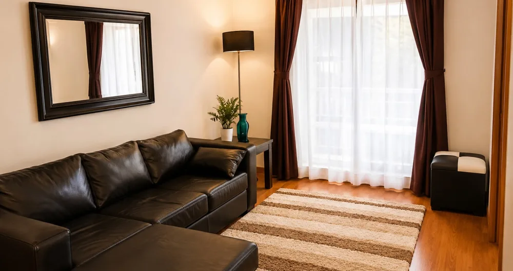 Anuncio de Alejandro en misterb&b - Acogedora sala de estar con amplio sofá, iluminación cálida y ventanal que aporta gran luminosidad. Un espacio ideal para relajarse después de recorrer el barrio Lastarria y el centro de Santiago.